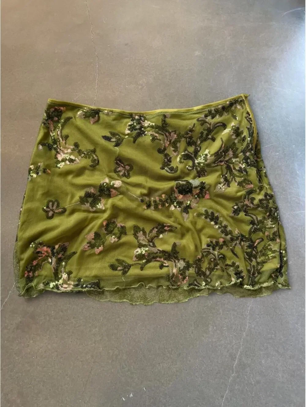 Olive Green Sequin Floral Mini Skirt | Women’s Size M